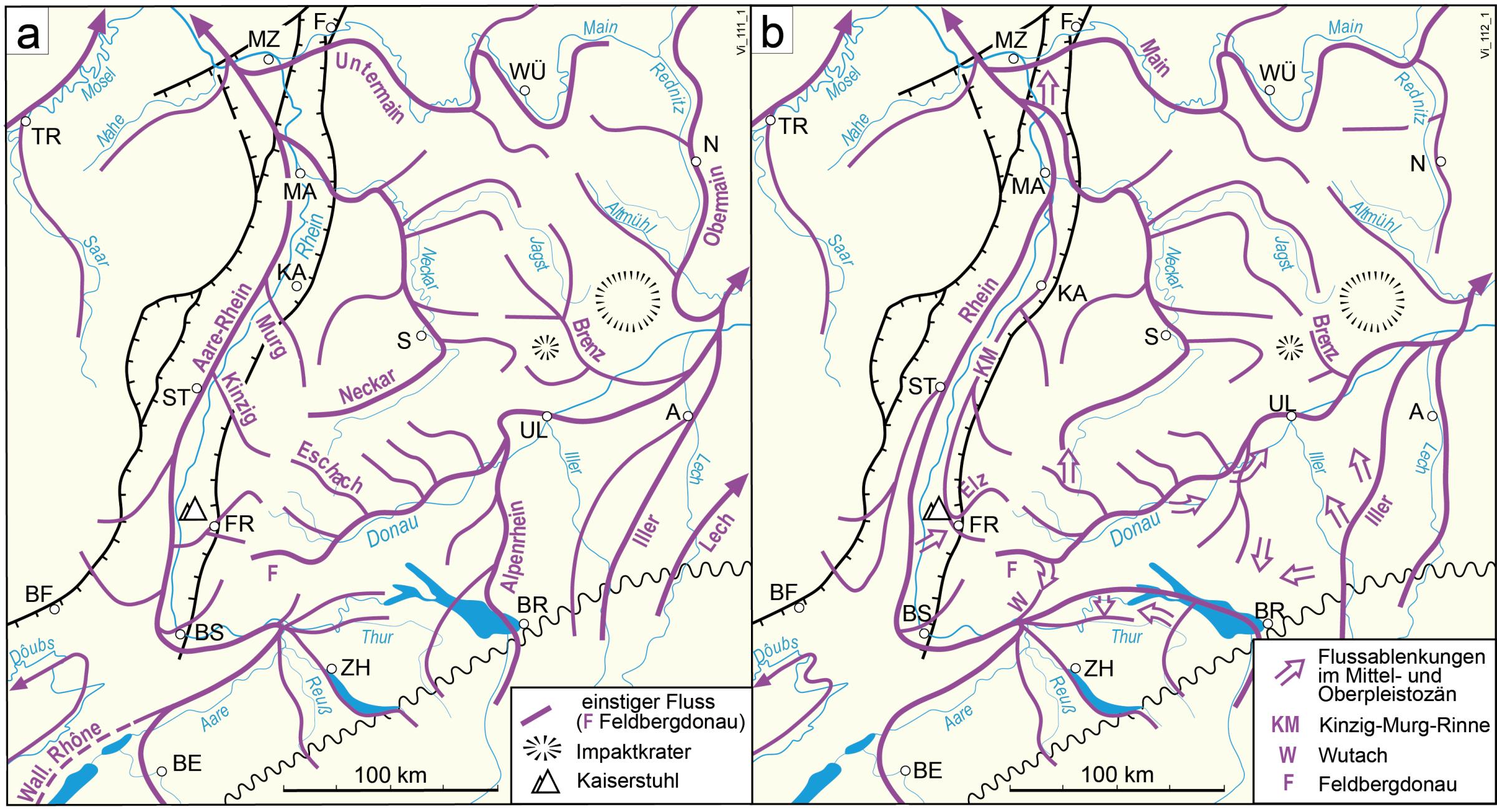 Diese Grafik zeigt nebeneinander schematisch zwei Karten des Gebietes von Südwestdeutschland und der Schweiz mit dem heutigen Verlauf der Flusssysteme von Rhein und Donau (blau). In roter Farbe darüber gelegt sind der rekonstruierte Verlauf der Flusssysteme an der Wende vom Pliozän zum Pleistozän (vor ungefähr 2,6 Mio. Jahren), links, und im Frühpleistozän bis zum frühen Mittelpleistozän (vor ungefähr 2 – 0,5 Mio. Jahren), rechts.