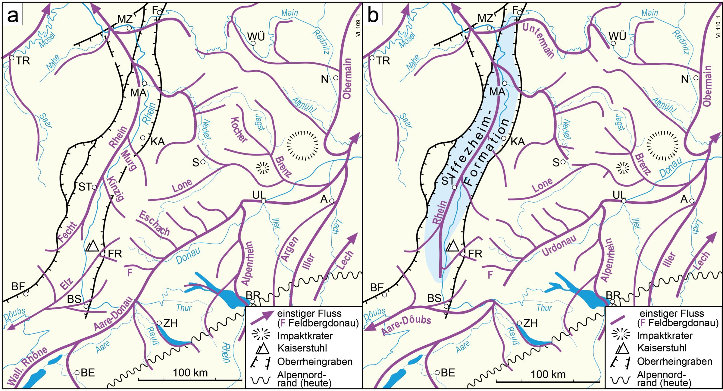 Diese Grafik zeigt nebeneinander schematisch zwei Karten des Gebietes von Südwestdeutschland und der Schweiz mit dem heutigen Verlauf der Flusssysteme von Rhein und Donau (blau). In roter Farbe darüber gelegt sind der rekonstruierte Verlauf der Flusssysteme an der Wende vom Miozän zum Pliozän (vor ungefähr 5 – 6 Mio. Jahren), links, und an der Wende vom Unter- zum Oberpliozän (vor ungefähr 4 Mio. Jahren), rechts.