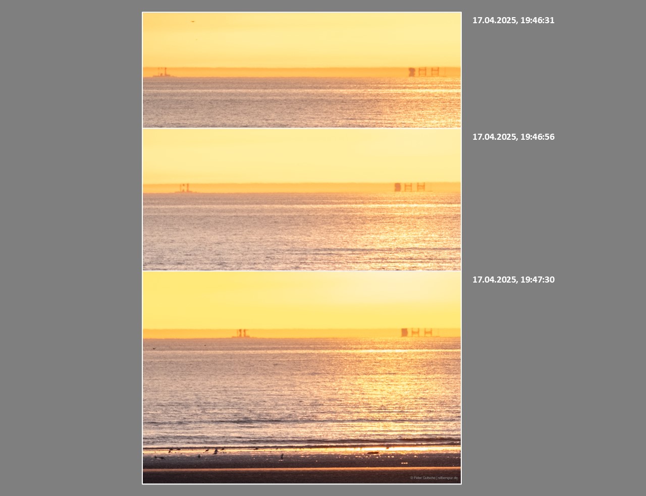 The image features three equally sized panels, each depicting two objects on the sea near the horizon, with subtle changes occurring from one panel to the next. The left object resembles a ship with one or two prominent structures, such as smokestacks or cranes, which appear to elongate progressively across the panels. The right object, resembling a container ship, initially displays a complex reflection that gradually becomes more overlapping in each subsequent image.