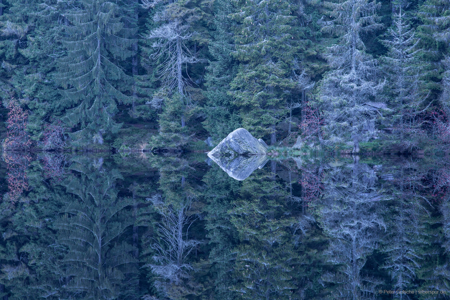 A lake with a rock that is perfectly reflected on the water surface. The upper part (with the rock and the trees on the opposite shoreline) and the lower part of the photograph are perfectly symmetrical mirrors.
